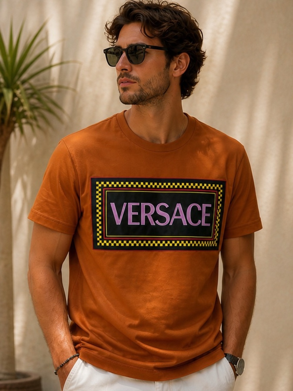 Unisex Versace Orange Short-Sleeve Logo Tee Black Patch Size 40 Fits - Picture 11 of 11